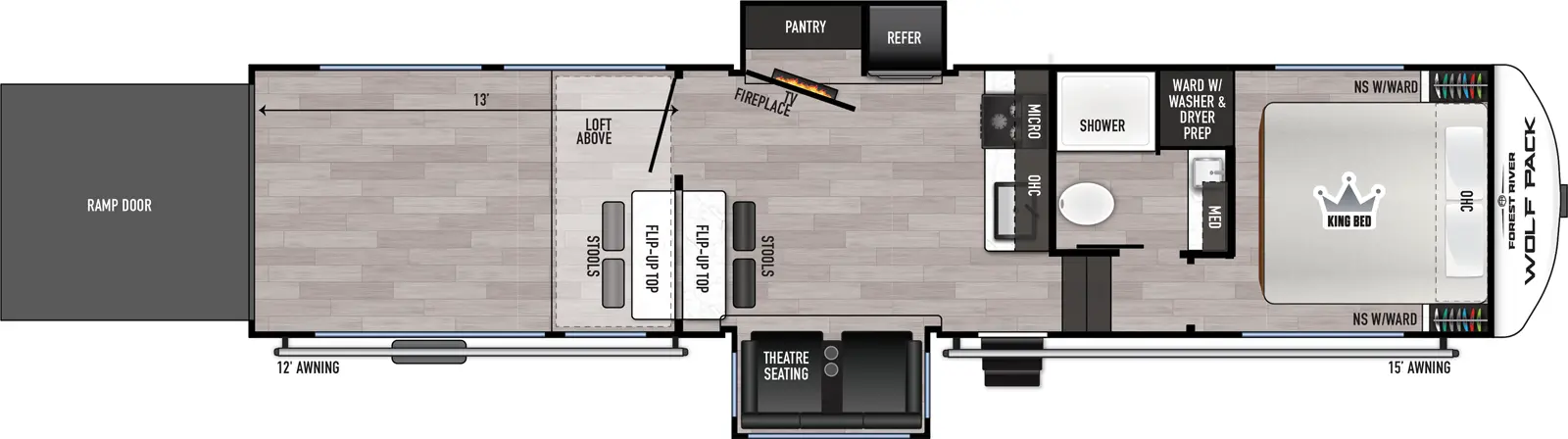 The Wolf Pack 290PACK13 floorplan is a toy hauler that has two entries and two slide outs. Exterior features include: fiberglass exterior and 12' & 15' awning. Interiors features include: loft and front bedroom.